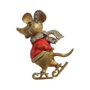 Vintage Enamel Crystal Ice Skating Mouse Pin Brooch